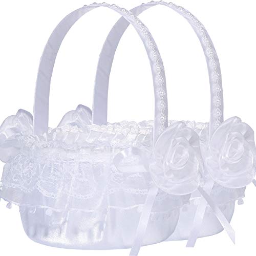 M&A Decor Flower Girl Basket Set of 2 Elegant White Lace Baskets for